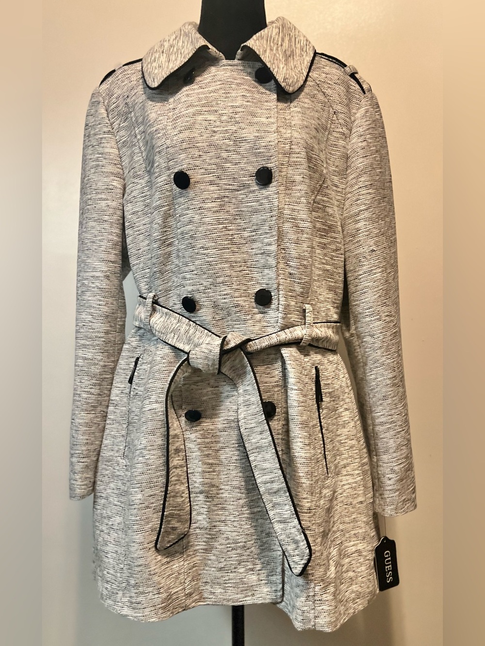 GUESS Light Gray White Black Double-Breasted Belted Trench Coat with Black Trim